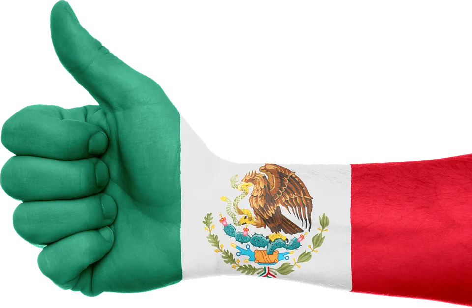 Antebrazo y mano con el pulgar levantado, sobre los que esta dibujada la bandera de México