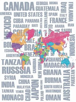 Poster con los nombres de varios países de fondo, y sobre estos un mapamundi de colores.