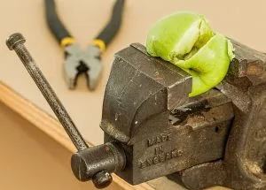 una manzana verde reventada por la presión de un tornillo de banco en la que se encuentra