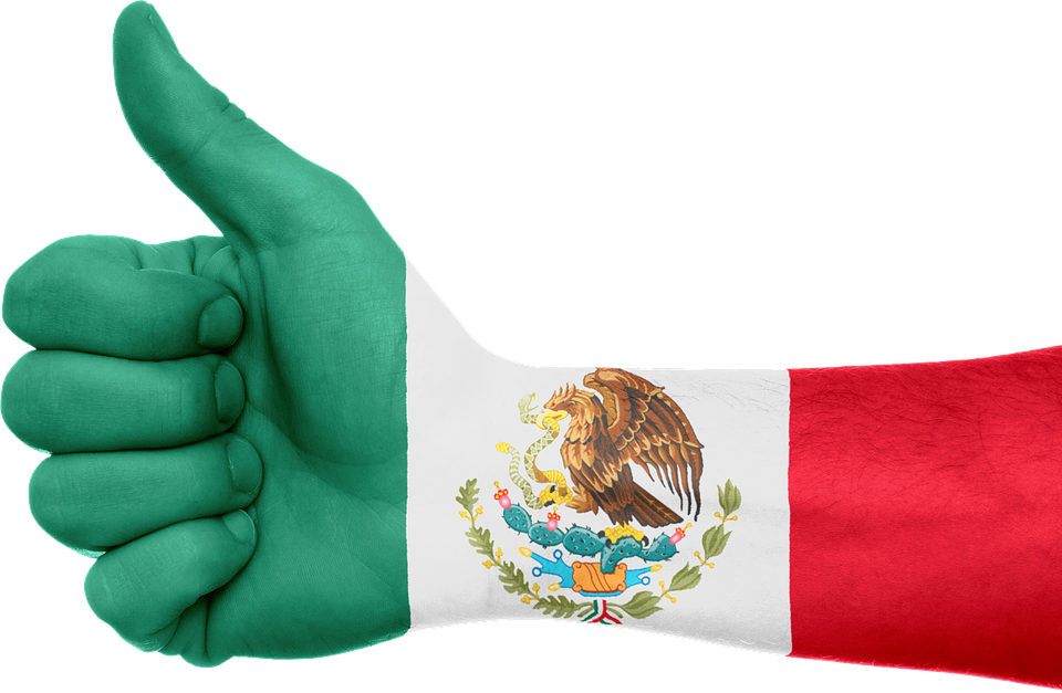 Antebrazo y mano con el pulgar levantado, sobre los que esta dibujada la bandera de México