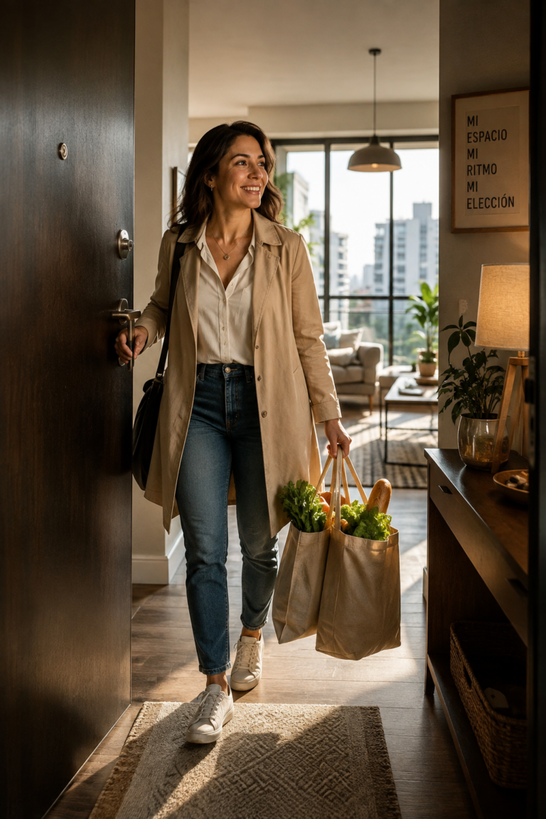 Mujer adulta llegando a casa